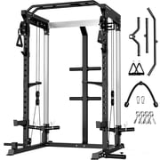 Multi-Function Power Rack Cage,2000lbs Dual Pulley Cable Crossover Machine with J Hooks, Dip Bars & Landmine for Home Gym