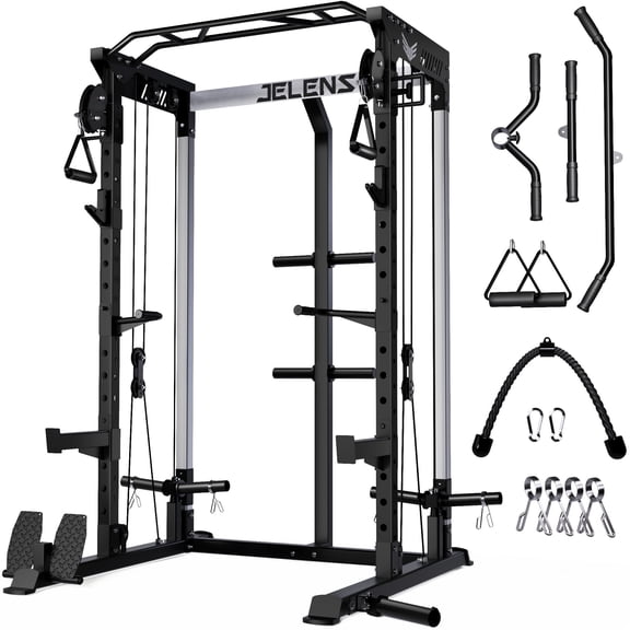 Multi-Function Power Rack Cage,2000lbs Dual Pulley Cable Crossover Machine with J Hooks, Dip Bars & Landmine for Home Gym