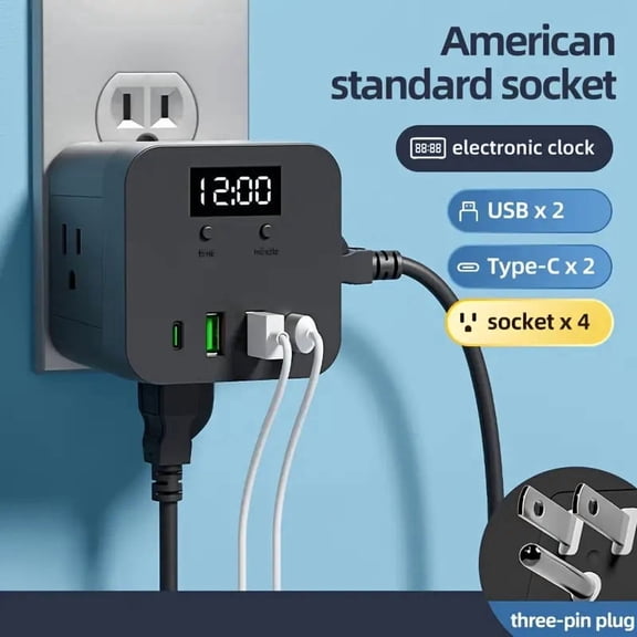 Multi-Function Power Strip: 4 Outlets, 2 USB-A & 2 USB-C, Digital Clock, Overload Protection, for Home Office School