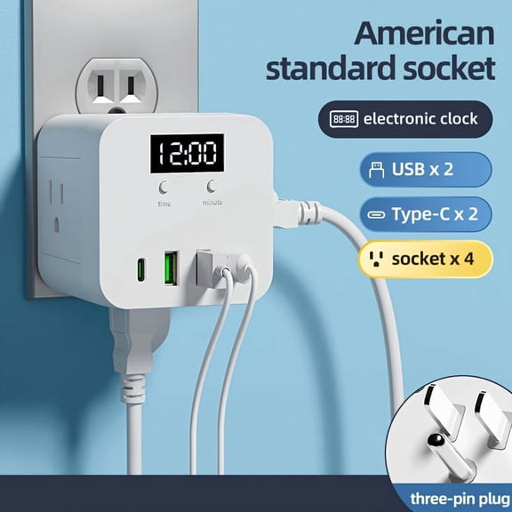 Multi-Function Power Strip: 4 Outlets, 2 USB-A & 2 USB-C, Digital Clock, Overload Protection, for Home Office School
