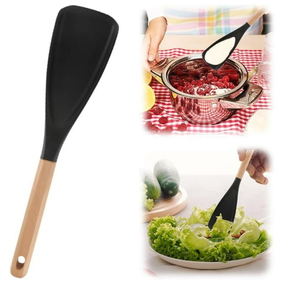 Multi Function Spoon 12.2" Nonstick Silicone Spoonula with Wooden Handle, Heat Resistant Rubber Serving Spatula Spoon for Baking,Scooping and Scraping. staub multifunction spatula spoon Black