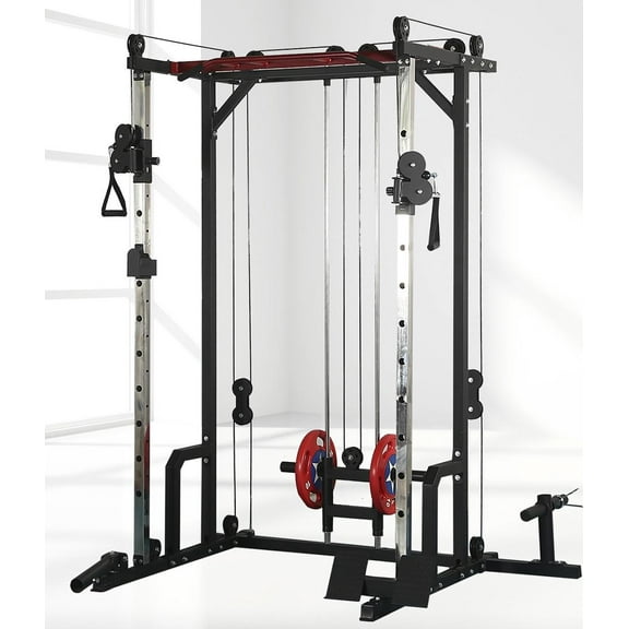Multi-Function Squat Rack Power Cage, 1400lbs Full Body Training Weight Cage w/LAT PullDown & Cable Crossover System, Professional Home Gym Equipment for Fitness Enthusiast