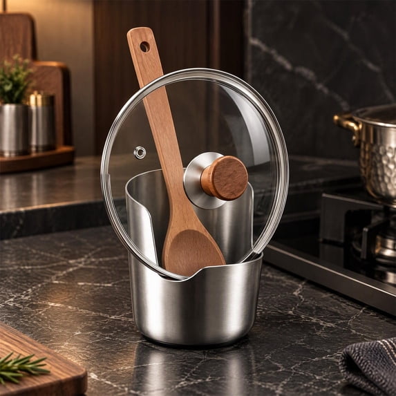 Multi-Function Stainless Steel Spoon Rest,Kitchen Pot Lid Holder,Countertop Cooking Tool Organizer,Spatula Ladle Storage Stand,Utensil Rack With Non-Slip Pad(With Non-Slip Pad)