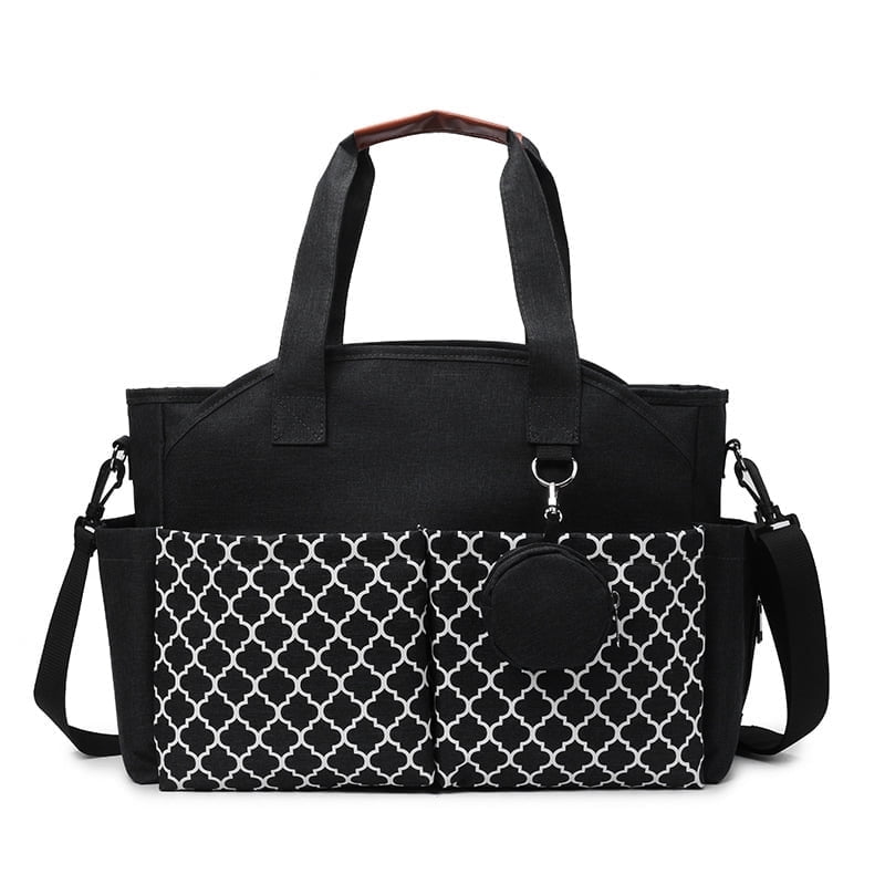 Multi-Function Travel Diaper Bag Tote Black for Parents with Pacifier Holder Adjustable Strap Insulated Pockets