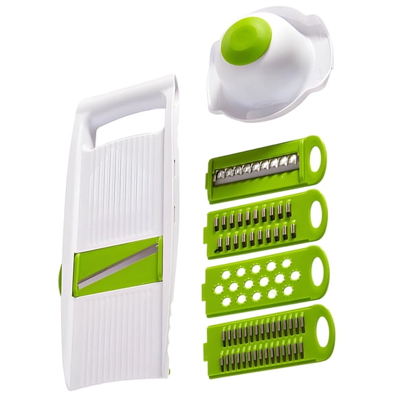 Multi-Function Vegetable Cutter, 5-in-1 Handheld Mandoline Slicer with 4 Interchangeable Blades, Safe Hand Guard, Perfect for Fruit, Veggies, Potatoes, White & Green