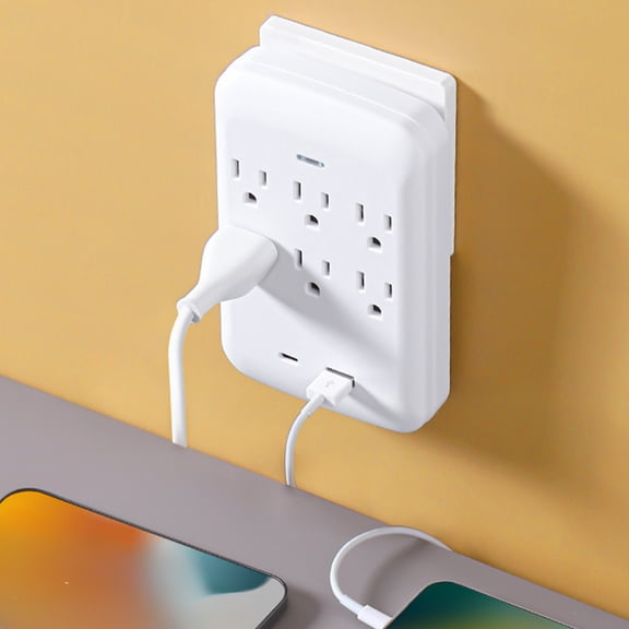 Multi-Function Wall Mount Charging Socket - 6 AC Outlets 1 USB 1 USB-C Travel Convenient Multi Hole Wireless Plug, 5V/2.0A, Plastic White