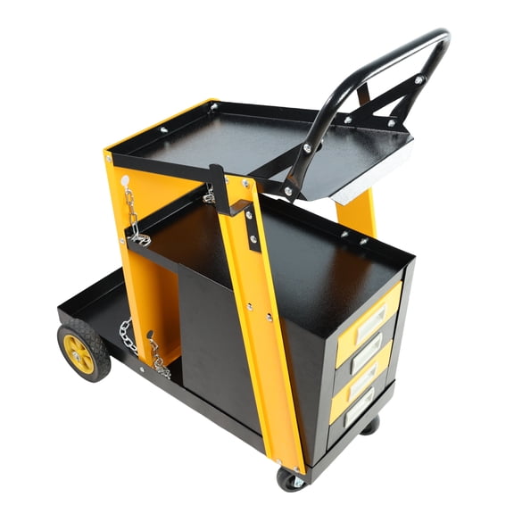 Multi-Function Welder Trolley Cart with 4 Drawers, 280LBS Capacity MIG TIG ARC Plasma Cutter Storage Cart with Safety Chains (Yellow & Black)