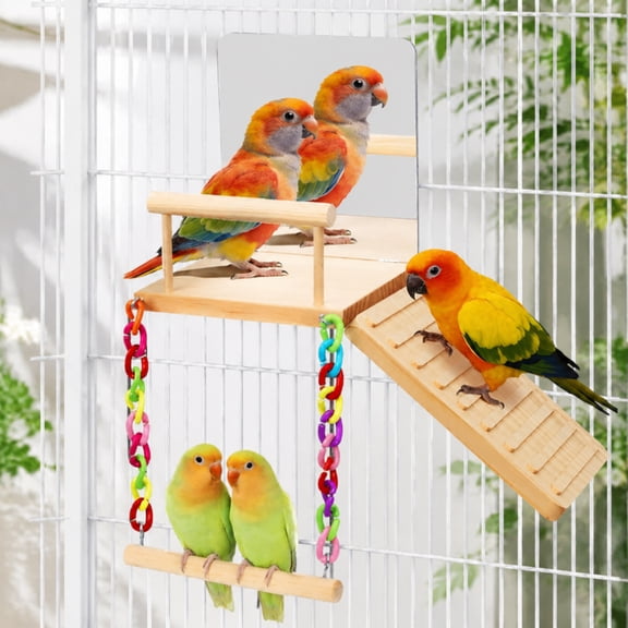 Multi-Function Wooden Bird Play Stand with Swing Perch & Shatterproof Mirror, Easy Mount Cage Toy for Small Parrots and Tiny Rodents