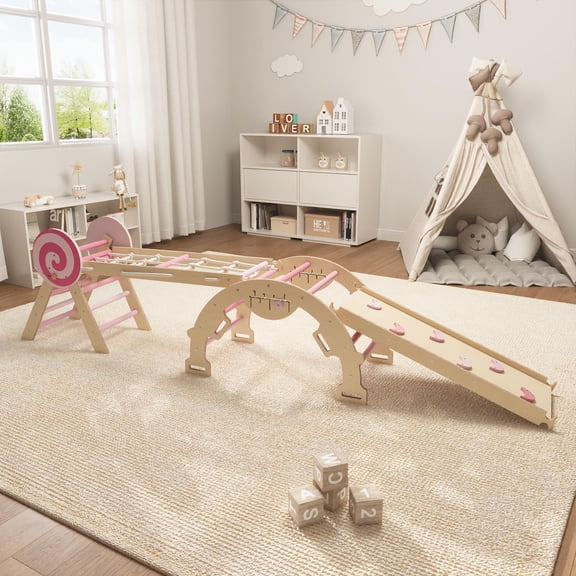Multi-Function Wooden Toddler Climbing Set - Indoor Jungle Gym Play Structure for Kids Ages 1-3 - 4-in-1 Triangle with Ramp and Arch - Promotes Gross Motor Skills