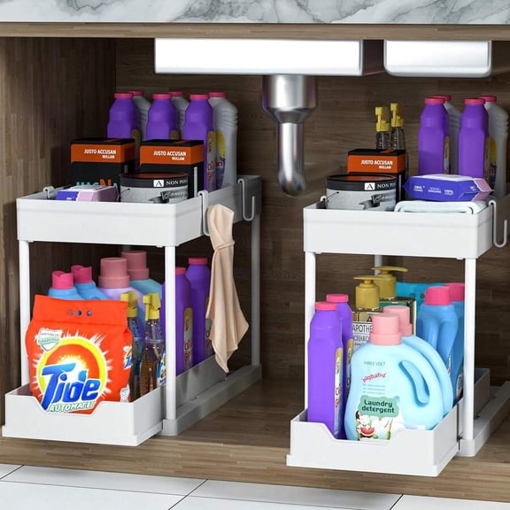 Multi Functional 2 Tier Under Sink Storage Rack, Sliding Cabinet Organizer with Hanging Baskets and Hooks