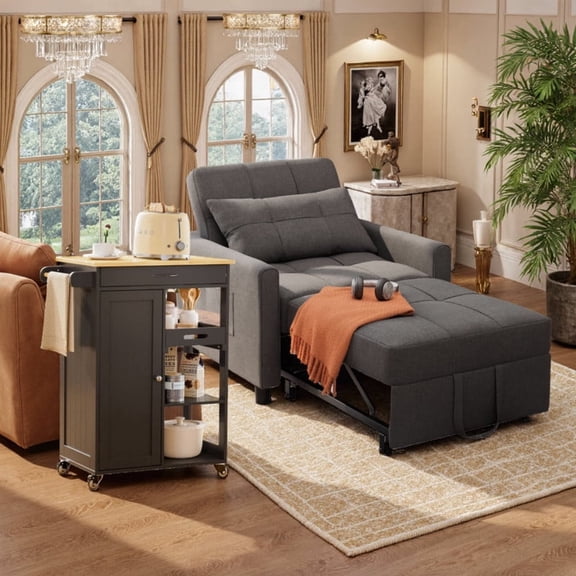 Multi-Functional 3-in-1 Convertible Sofa Bed & Rolling Kitchen Island Cart with Storage, Space-Saving Furniture Set for Small Apartments and Living Room, Dark Grey+Black