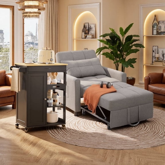 Multi-Functional 3-in-1 Convertible Sofa Bed & Rolling Kitchen Island Cart with Storage, Space-Saving Furniture Set for Small Apartments and Living Room, Light Gray + Black