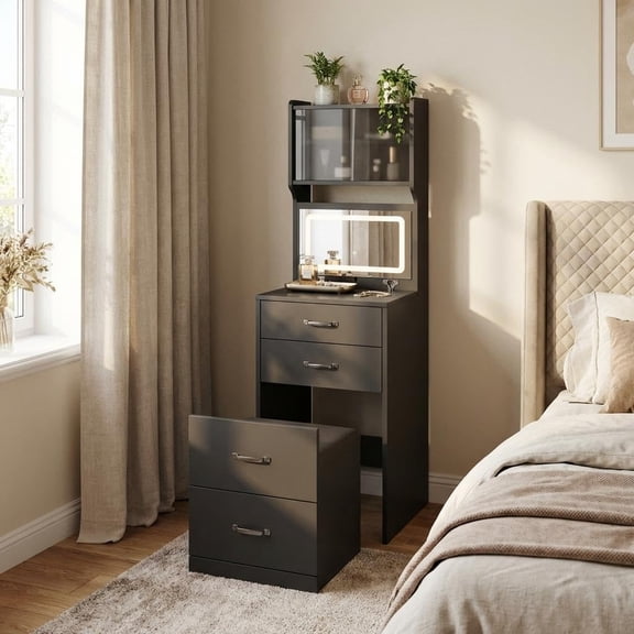 Multi-Functional 3-in-1 Vanity Set with LED Mirror & Hidden Stool – Compact Dressing Table Featuring Acrylic Doors, Jewelry Box, USB/AC Outlets, and Storage Drawers