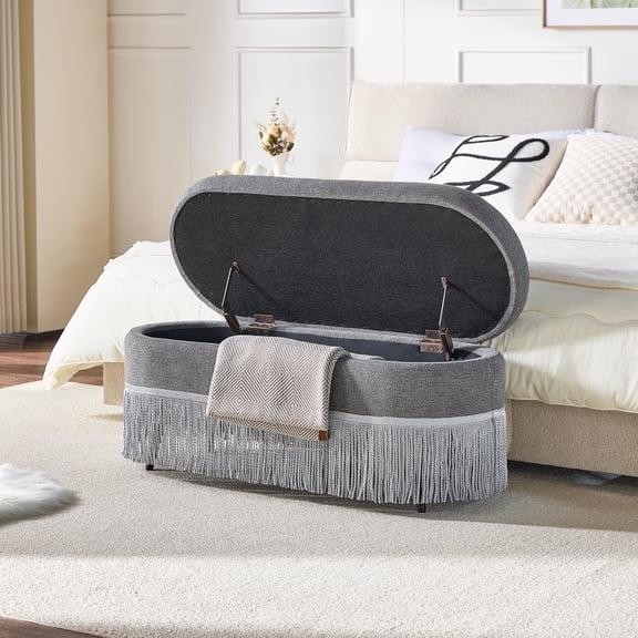 Multi-Functional 39-Inch Oval Storage Ottoman with Fringe Trim and Lift-Top Lid, Footrest for Living Room and Bedroom, Grey