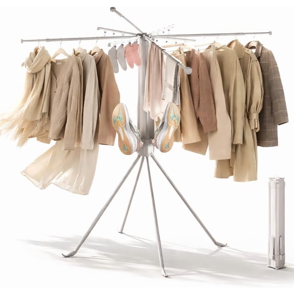 Multi-Functional 4-Leg Clothes Drying Rack, Large Capacity Foldable & Collapsible Laundry Rack, Portable Indoor Outdoor Drying Rack with Sock Clips & 4 Shoe Holders, Space Saving Stand