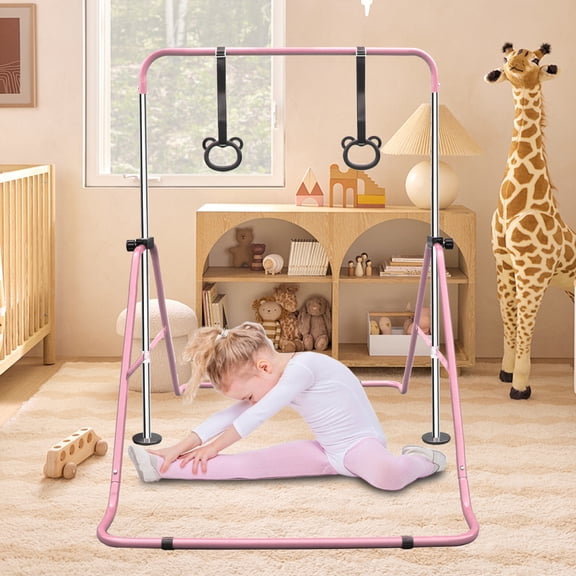 Multi-Functional Adjustable Height Gymnastic Horizontal Bar,Expandable Gymnastics Bars with Gymnastic Rings, Foldable Steel Structure Training Bar for All Teenagers,Pink