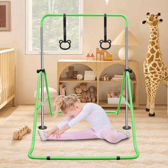 Multi-Functional Adjustable Height Gymnastic Horizontal Bar,Expandable Gymnastics Bars with Gymnastic Rings, Foldable Steel Structure Training Bar for All Teenagers,Green