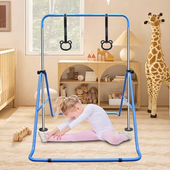 Multi-Functional Adjustable Height Gymnastic Horizontal Bar,Expandable Gymnastics Bars with Gymnastic Rings, Foldable Steel Structure Training Bar for All Teenagers,Blue