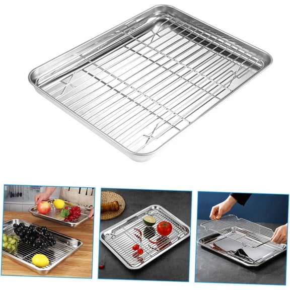 Multi Functional Bbq Plate with Net Rack Portable Stainless Steel Roasting Pan Easy to Clean for Baking Cooking and Food Preparation