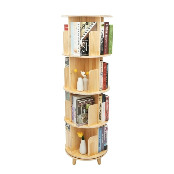Multi-Functional Bookshelf,Bookshelf Pine Wood 4-Sided Standing Storage Bookcase Bookshelf 360 Display 4 Tier Standing Free Display for Bookcase Room Bedroom