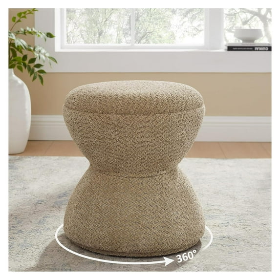 Multi-Functional Boucle Ottoman, Vanity Stool Chair, Sturdy Rotating Wooden Footstool, Suitable for Living Room, Bedroom, and Entryway, Without Installation, Swivel, Camel