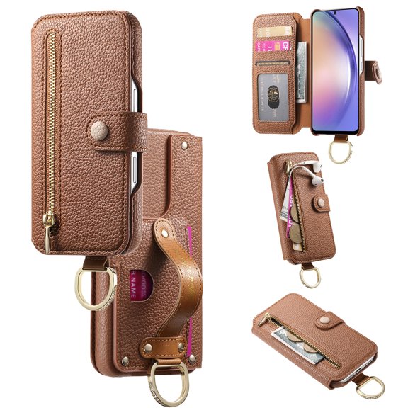 Multi-Functional Case For iPhone 17 Pro, RFID Blocking Zipper Wallet Card Holder ID Slot Money Pocket Finger Loop Hand Strap PU Leather Flip Kickstand Magnetic Closure Cover,Brown