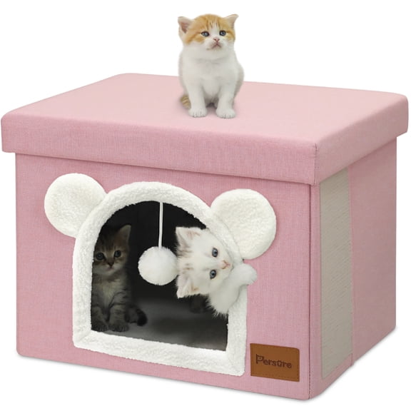 Multi-Functional Cat Condo Stool with Plush Ball Toy & Kitty Bed - Modern Fiberboard Pet House, Easy Assembly Suitable for Small to Medium Indoor Cats, Pink