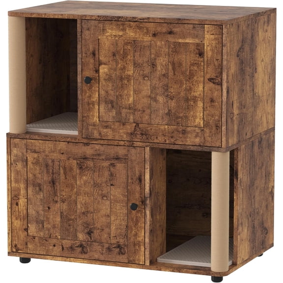 Dog-Proof Multi-Functional Cat Litter Box – Double-Layer Cabinet with 2 Litter Mats, Sisal Scratching Post, Hidden Washroom, End Table for Indoor Cats