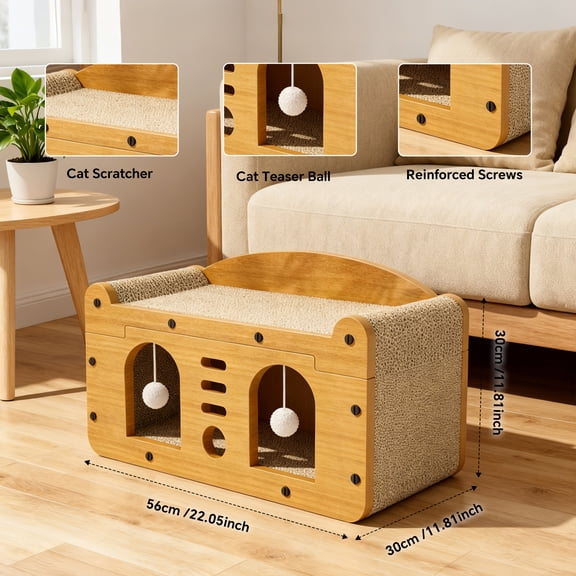 Multi-Functional Cat Scratcher Shelter, Anti-Topple Reinforced Structure Breathable Cat House, Thickened Durable Low Shedding Corrugated Cat Play Rest Bed