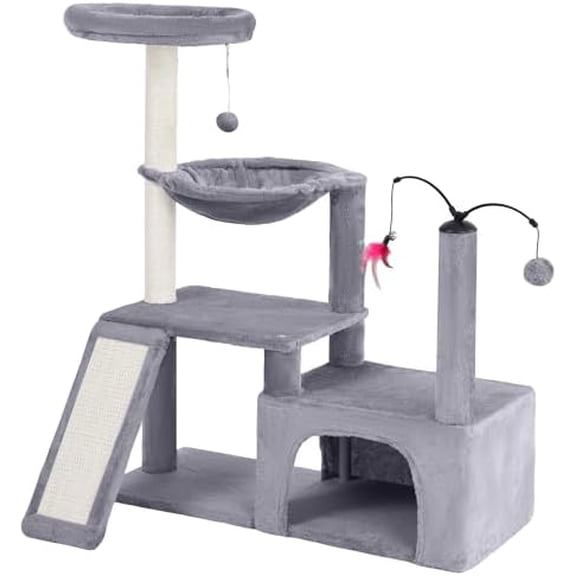 Multi-Functional Cat Tree Tower, Big Cat Condo with Scratching Board, Rotating Toy & Deep Hammock, Luxury Perch Kitty Furniture for Indoor Cats (Grey)