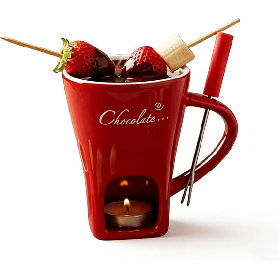 Multi-Functional Ceramic Fondue Mug,Ceramic Melting Cups with Forks for Chocolate Cheese Caramel, Candle Warmer for Date Night Birthday Picnic Party Gifts