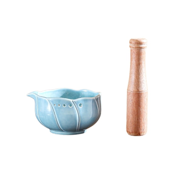 Multi-Functional Ceramic Herb Stripper Bowl, Wooden Garlic Masher Pestle Set, Kitchen Gadgets for Leaf Stem Separation, Garlic Grinder Muddler Tool for Pottery, Herb Stripper with Wooden Stick