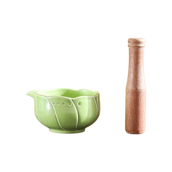 Multi-Functional Ceramic Herb Stripper Bowl, Wooden Garlic Masher Pestle Set, Kitchen Gadgets for Leaf Stem Separation, Garlic Grinder Muddler Tool for Pottery, Herb Stripper with Wooden Stick