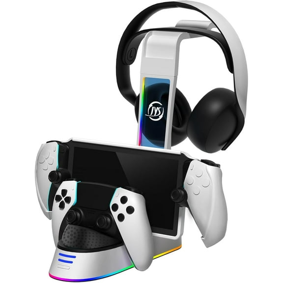 Multi-Functional Charging Dock for Playstation Portal Handheld,Type C Plug Portable Charger Station for PS5 Controller,Gaming Headphone Storage Stand Hanger, 8.5x33.6x31.7cm, White+Black