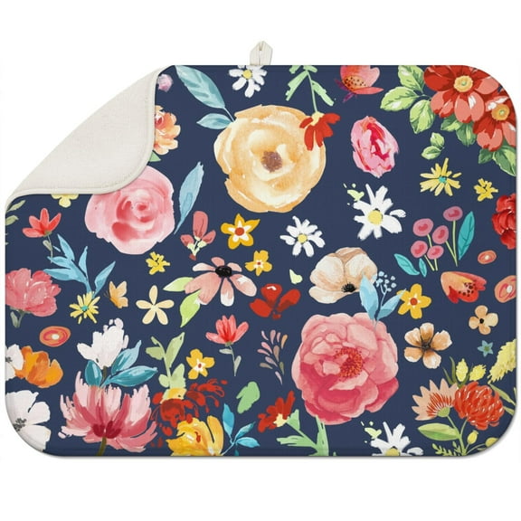 Multi-Functional Coffee Mat with Botanical, Wildflower, and Butterfly Illustration – Ultra Absorbent Microfiber Spill Pad, Foldable Dish Drying Mat for Kitchen and Cafe