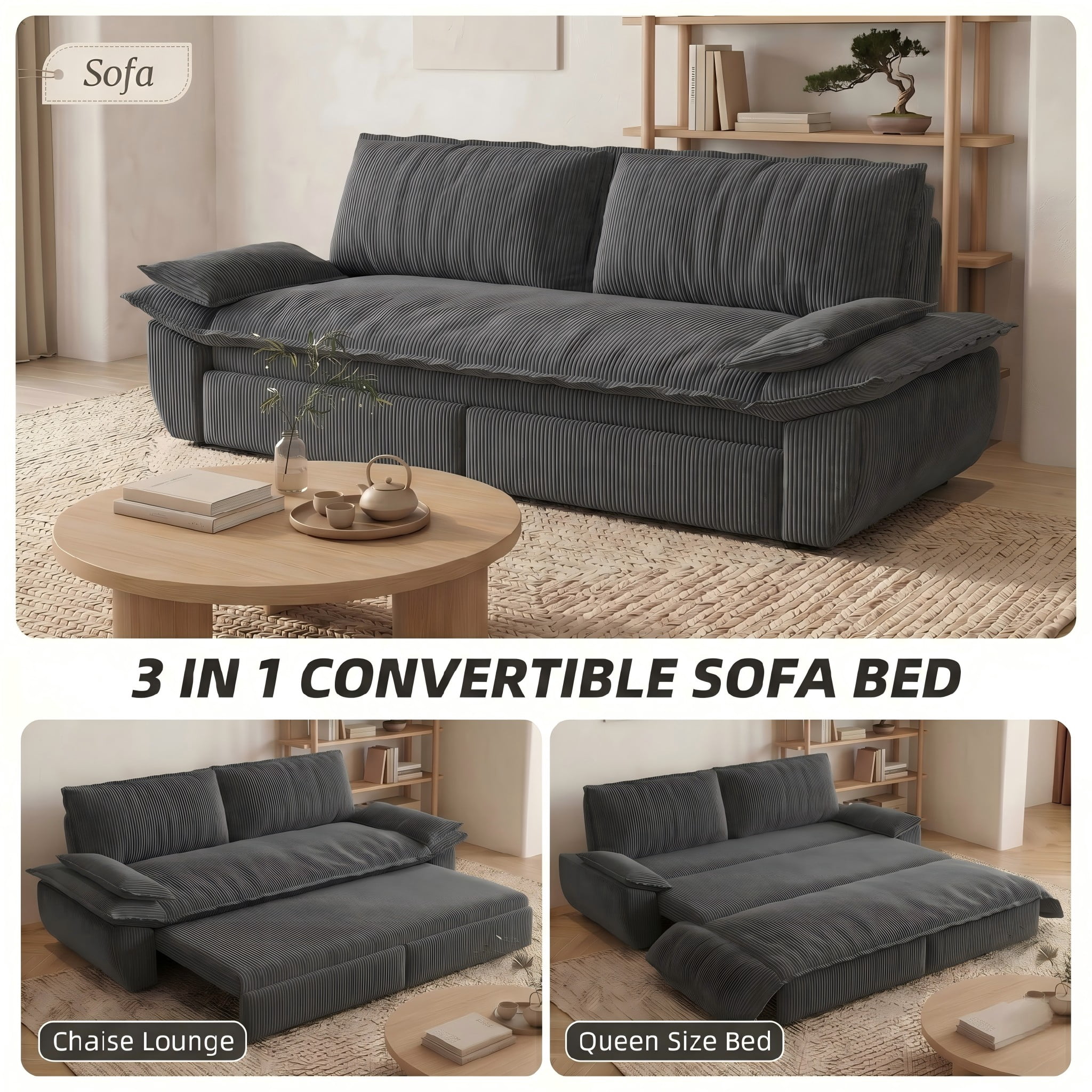 Multi-Functional Corduroy Convertible 3-in-1 Sofa Bed, Queen Size Loveseat Sleeper Couch, Dark Grey