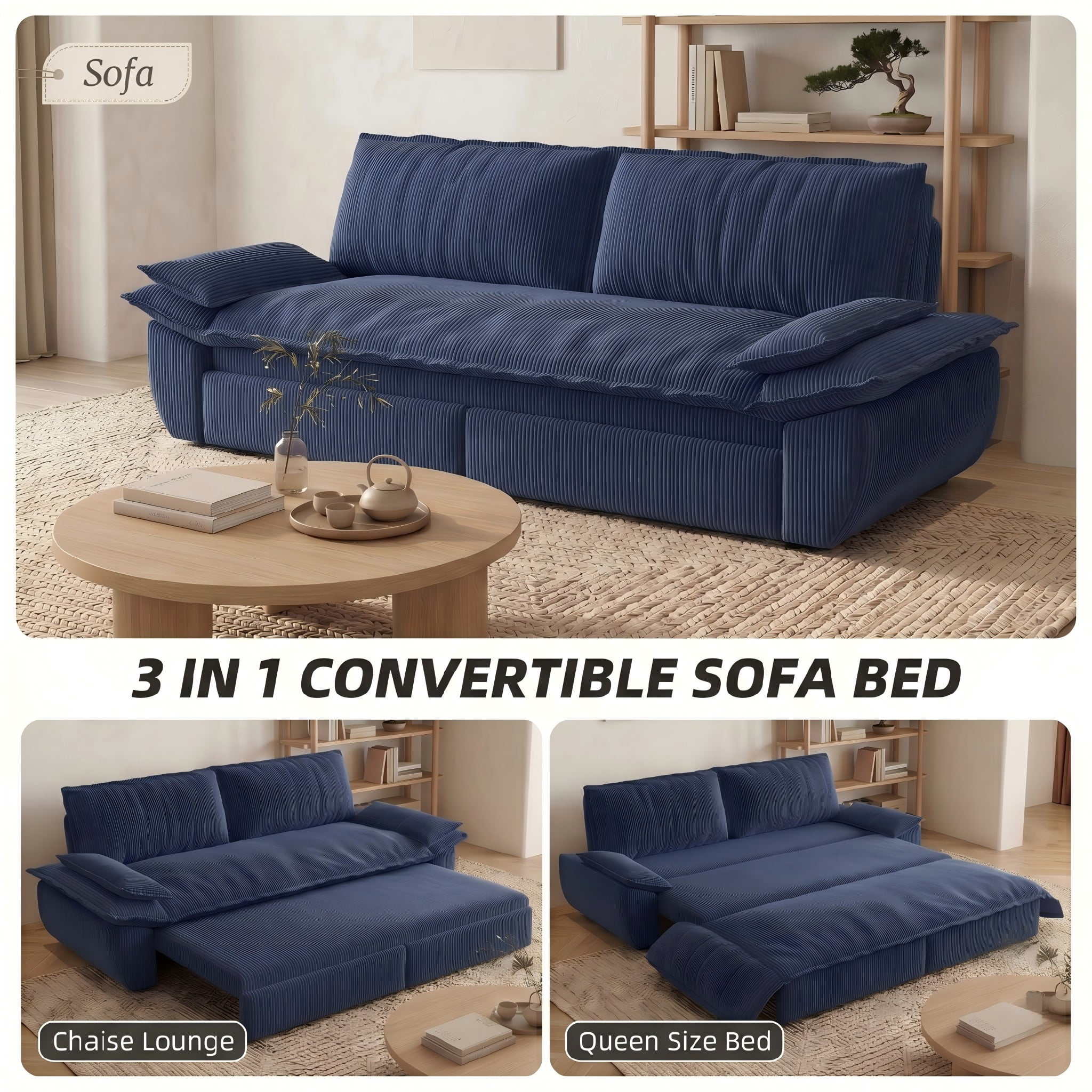 Multi-Functional Corduroy Convertible 3-in-1 Sofa Bed, Queen Size Loveseat Sleeper Couch, Light Blue
