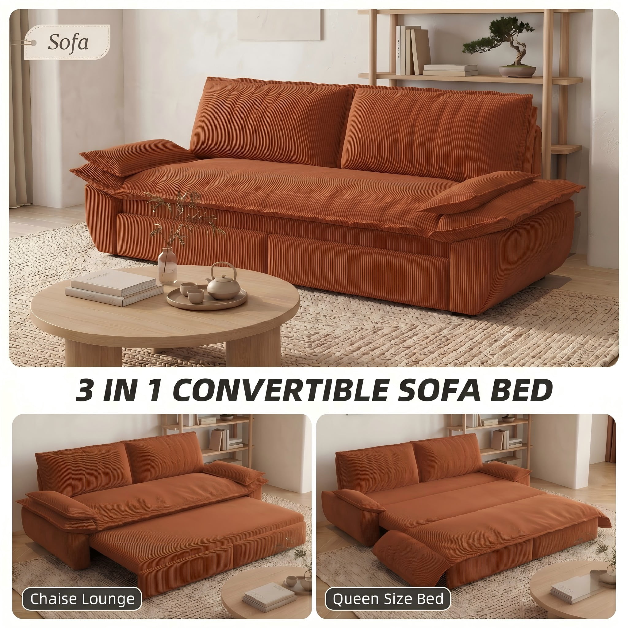 Multi-Functional Corduroy Convertible 3-in-1 Sofa Bed, Queen Size Loveseat Sleeper Couch, Orange