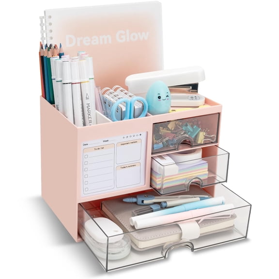 Multi-Functional Desk Organizer with 3 Drawer and 8 Compartments, Pink