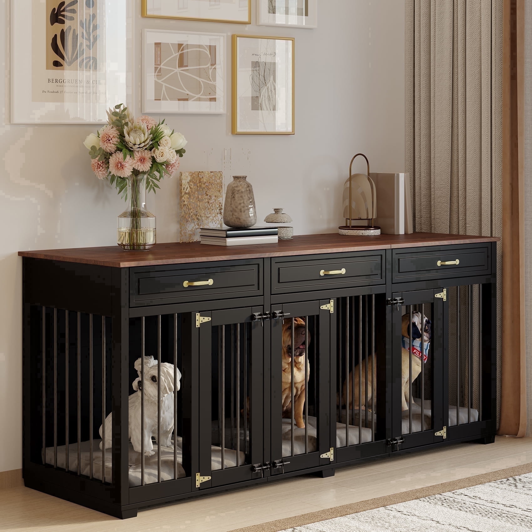 Jenser Multi-Functional 3-Door 72" Wooden Furniture Style Crate for Dogs with 2 Dividers