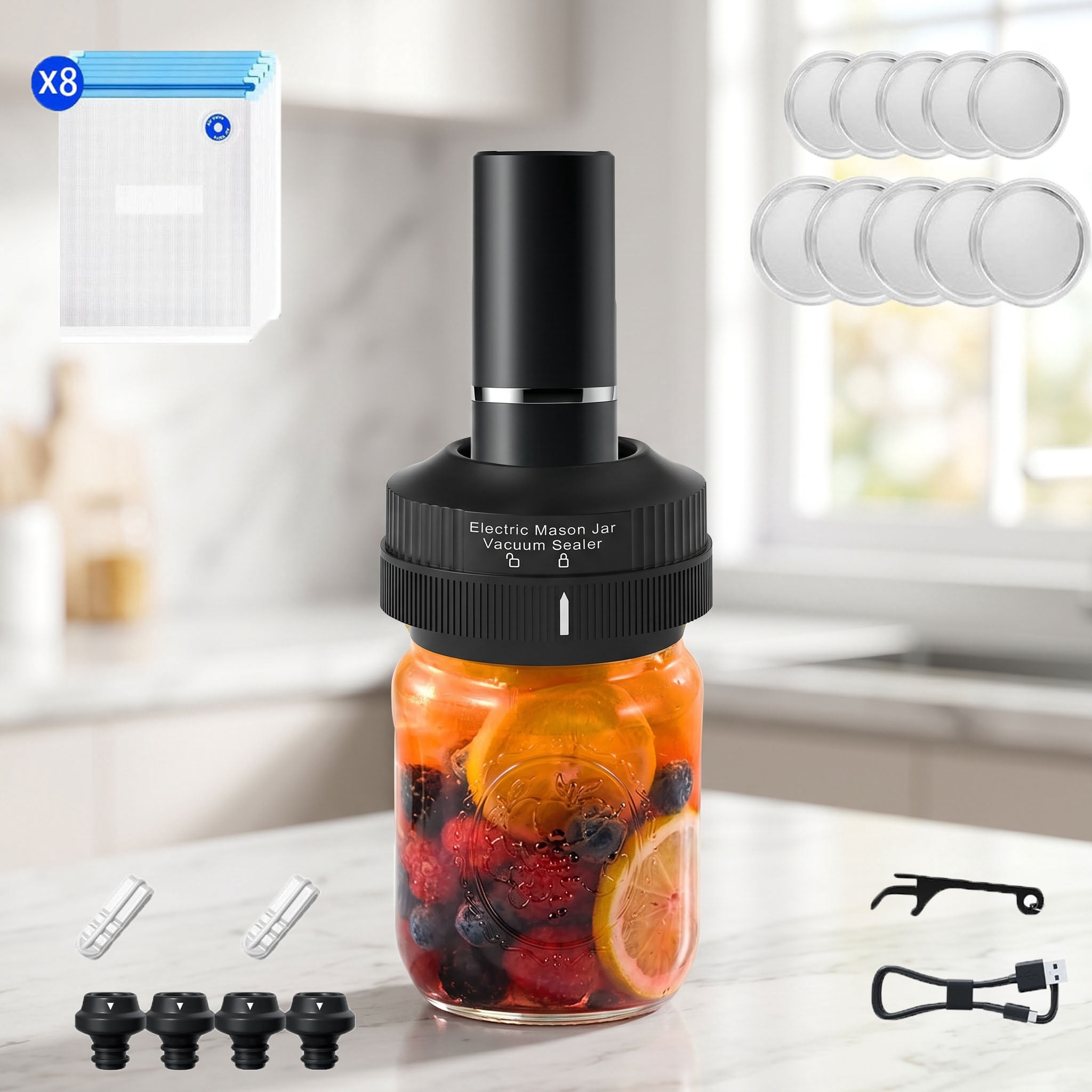 Multi-Functional Electric Mason Jar Vacuum Sealer Kit - Wireless Kitchen Sealer with 2 Vacuum Wine Stoppers, Standard & Wide Mouth Lids, Lid Opener, and USB Charging