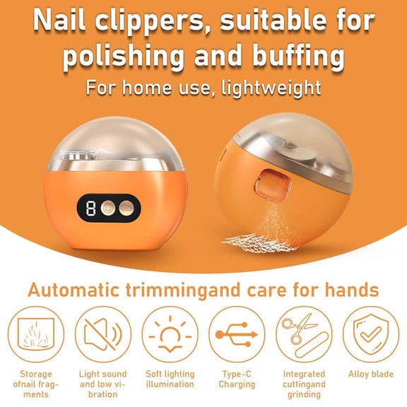 Multi-Functional Electric Nail Clippers with 3 Speed Levels,Upgraded 3 in 1, Polishing Automatic Fingernail Clippers with Light(Orange)