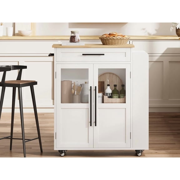 Multi-Functional Entryway Storage Cabinet – Kitchen Island Cart with Storage Cabinets, Drawer, Stainless Steel Top, Glass Doors, Spice Rack, Towel Bar– White and Natural Wood-Colored Ceiling Panels