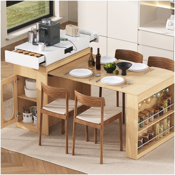 Multi-Functional Extendable Kitchen Table, Rolling Cart with Power Outlet, Storage Drawers, and Glass Cabinet, Cream White & Natural Wood