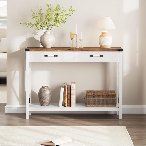 Multi-Functional Farmhouse Console Table with 2 Drawers & Open Storage – Entryway Accent for Living Room, Hallway, Foyer – Elegant Wood Top with X-Frame Legs and Hidden Compartments, White