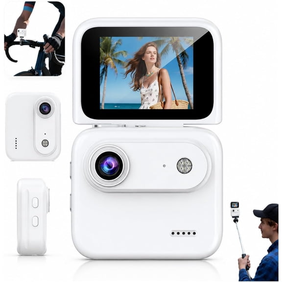 Multi-Functional Flip Screen Action Camera, 4K HD 143 Wide Angle Anti Shake Sports Camera, 800mAh Battery Flip Screen Thumb Camera with 360 Panorama for Cycling Selfie OutdoorWhite