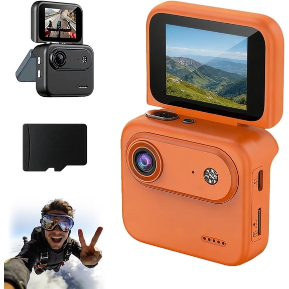 Multi-Functional Flip Screen Action Camera, 4K HD 143° Wide-Angle Optical Lens, Flip Screen Thumb Action Camera with 360° Panorama Function & Anti-Shake, for Cycling, Skydiving (Orange-64GB)