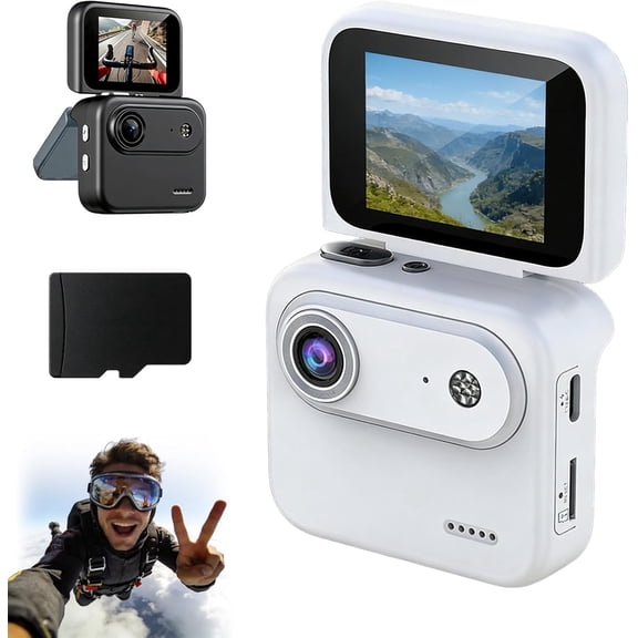 Multi-Functional Flip Screen Action Camera, 4K HD 143° Wide-Angle Optical Lens, Flip Screen Thumb Action Camera with 360° Panorama Function & Anti-Shake, for Cycling, Skydiving (White-64GB)