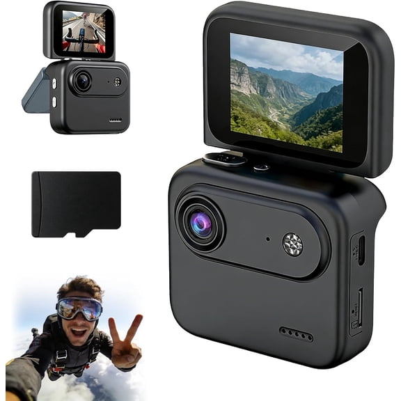 Multi-Functional Flip Screen Action Camera, 4K HD 143° Wide-Angle Optical Lens, Flip Screen Thumb Action Camera with 360° Panorama Function & Anti-Shake, for Cycling, Skydiving (Black-32GB)