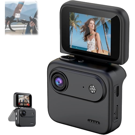 Multi-Functional Flip Screen Action Camera, Action Cam 4K 360°with 143°Wide-Angle Lens, Compact Anti-Shake Sports Camera with 64GB Card for Cycling, Skydiving, POV Adventures & Vlogging (Black)